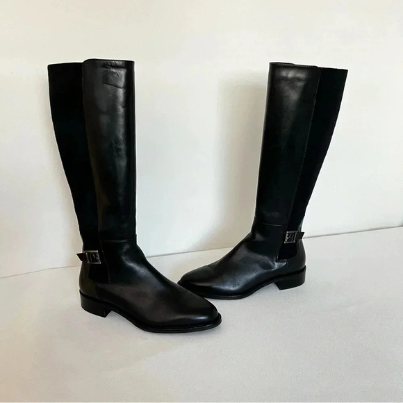 Aquatalia Natalee Leather Riding Tall Boots Size 7.5 Black Elastic Back Side Zip - Picture 1 of 16